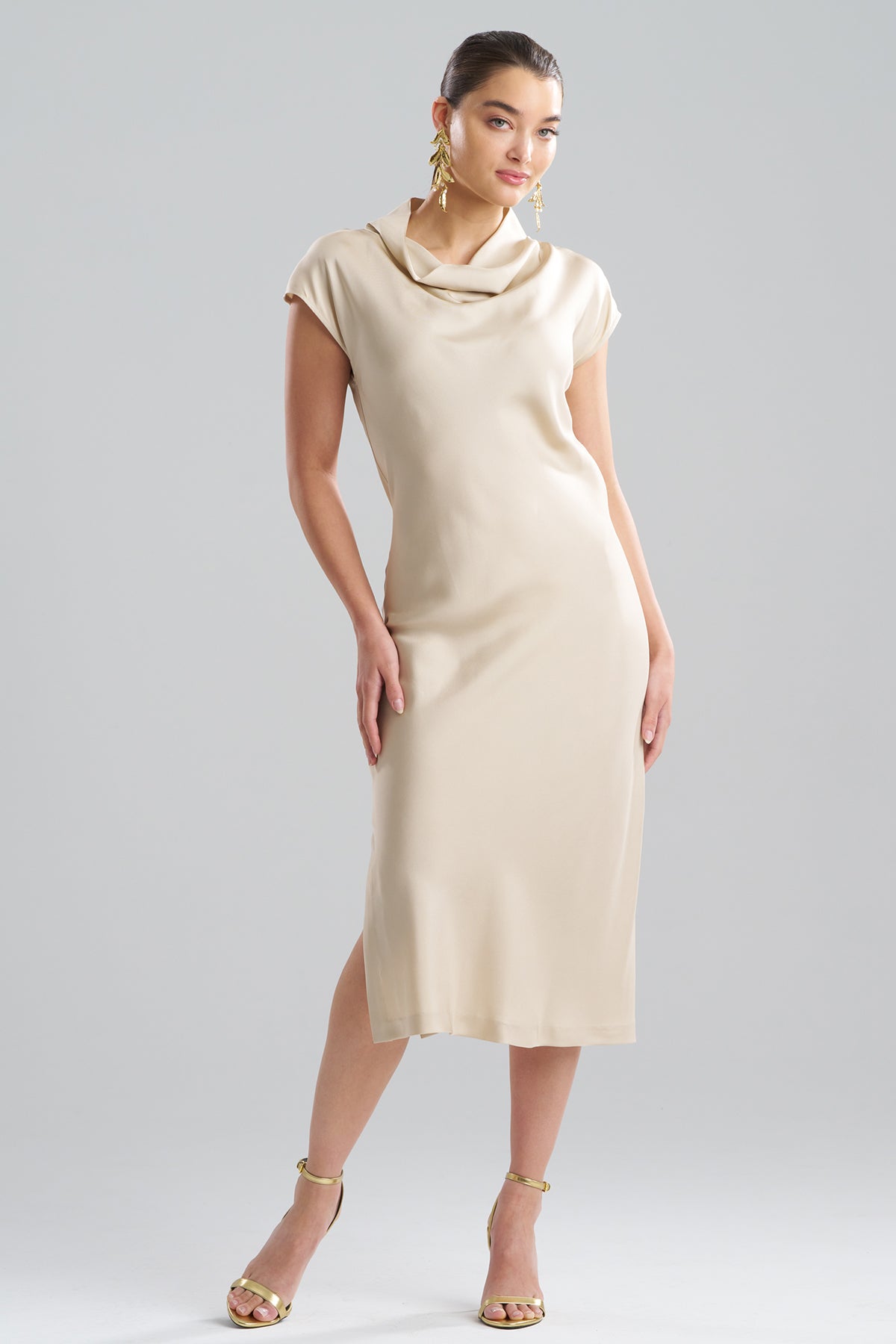 Solid Silk Twill Cowl Neck Sheath Dress Bone Natori