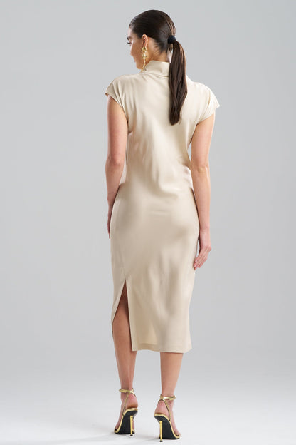 Solid Silk Twill Cowl Neck Sheath Dress Bone Natori