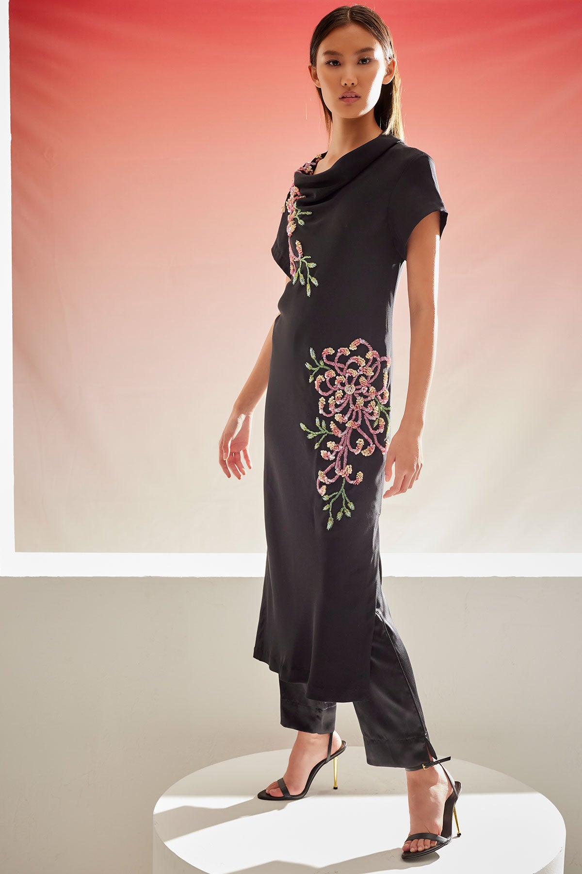 Couture Silk Crepe Embellished Column Dress Black Natori