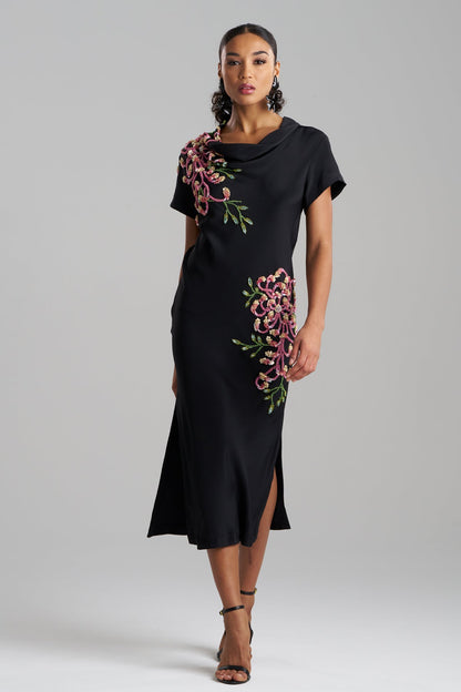 Couture Silk Crepe Embellished Column Dress Black Natori