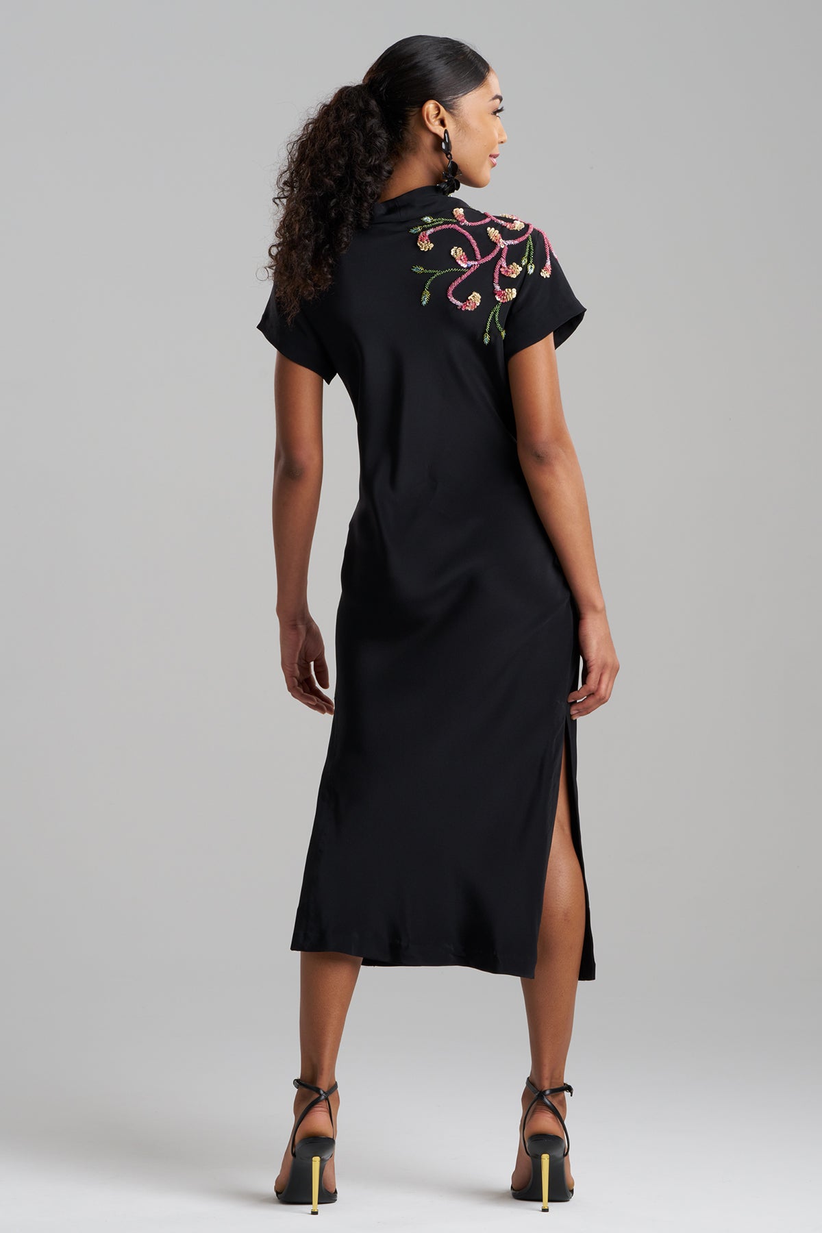 Couture Silk Crepe Embellished Column Dress Black Natori