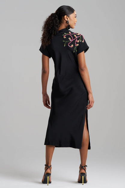 Couture Silk Crepe Embellished Column Dress Black Natori