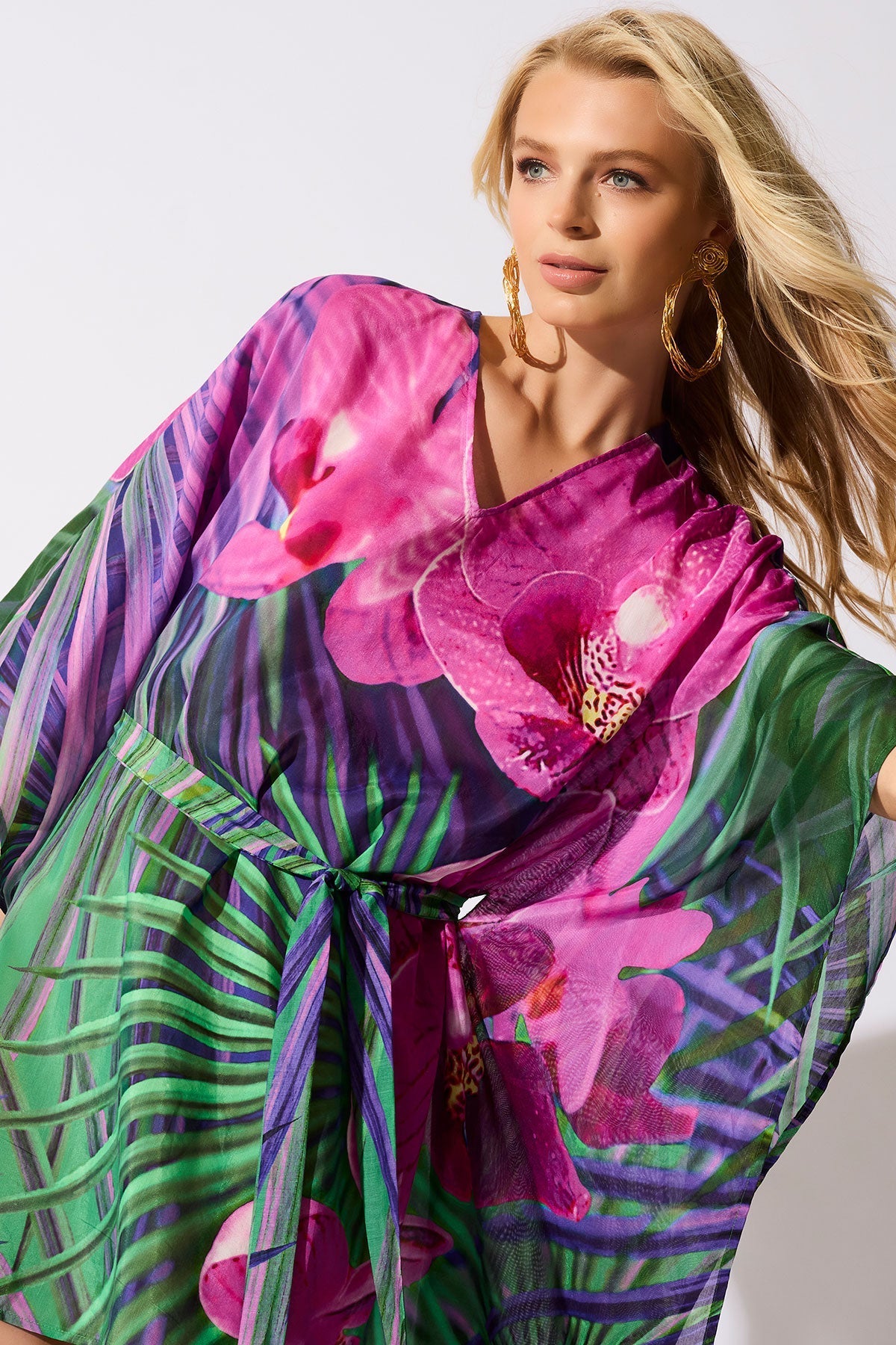Orchid Silk Cotton Voile Short Caftan Multi Natori