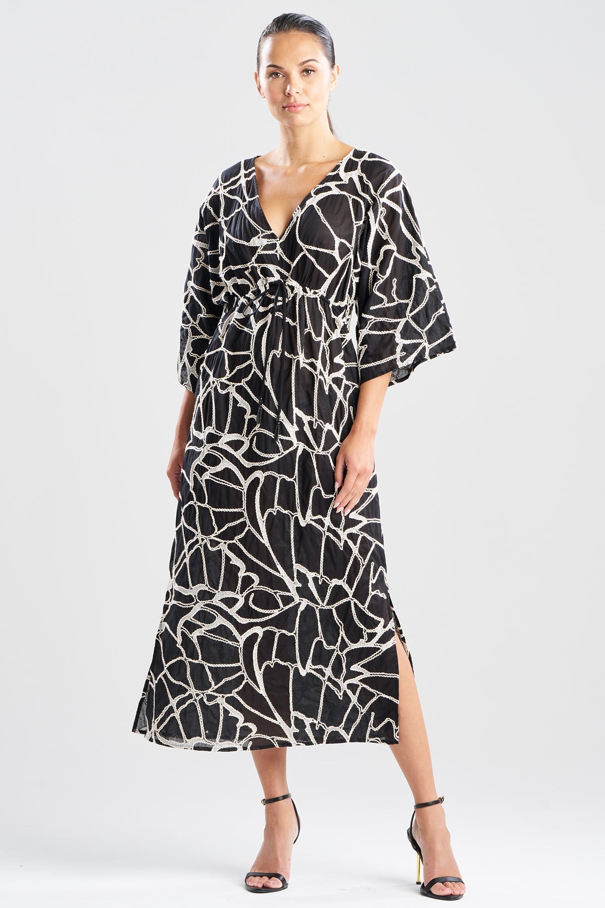 Butterfly Embroidery Cotton Caftan Black Natori