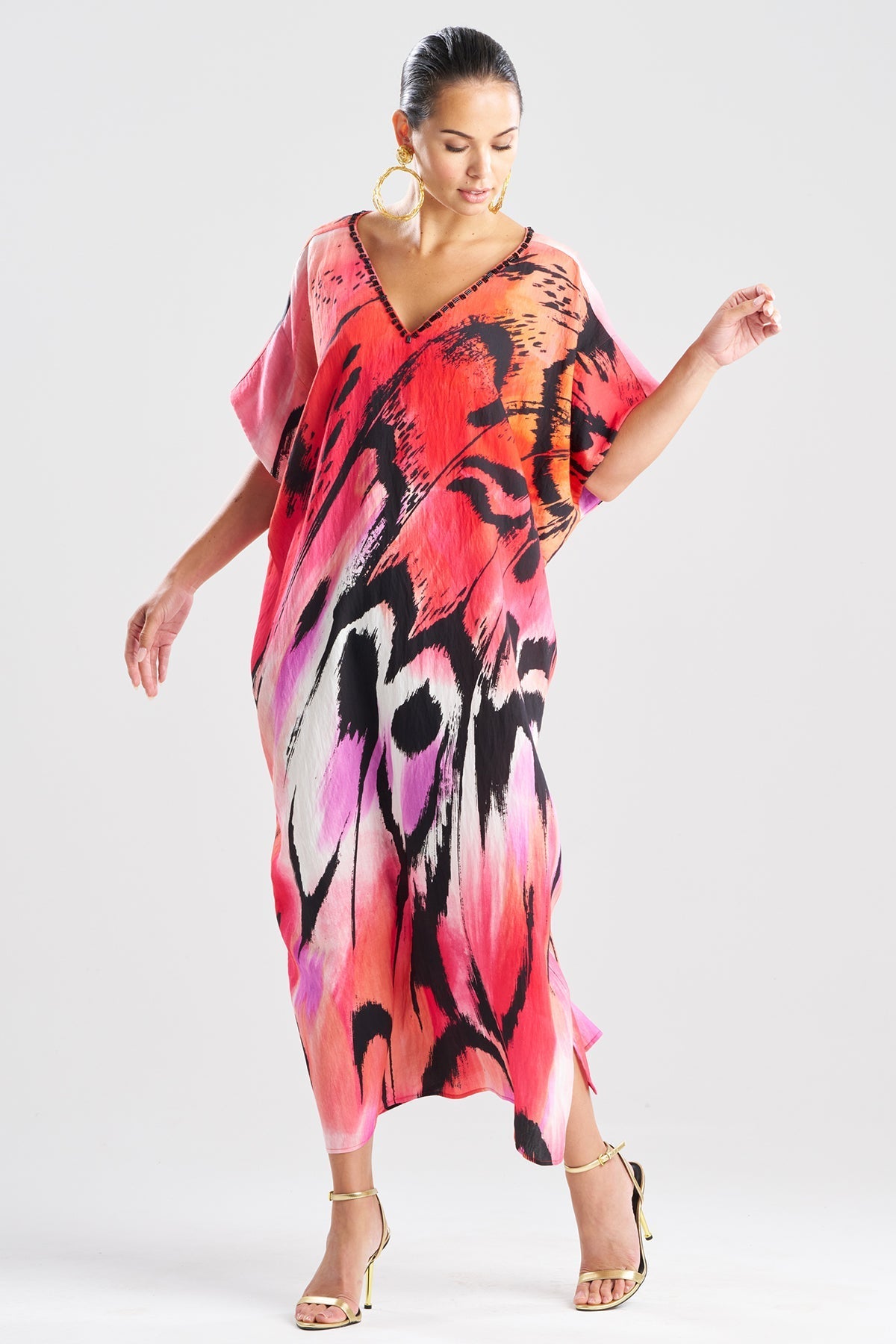 Butterfly Linen Blend Beaded Caftan Red Natori