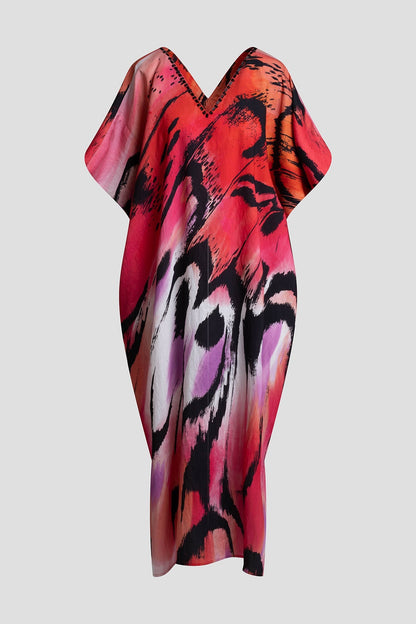 Butterfly Linen Blend Beaded Caftan Red Natori