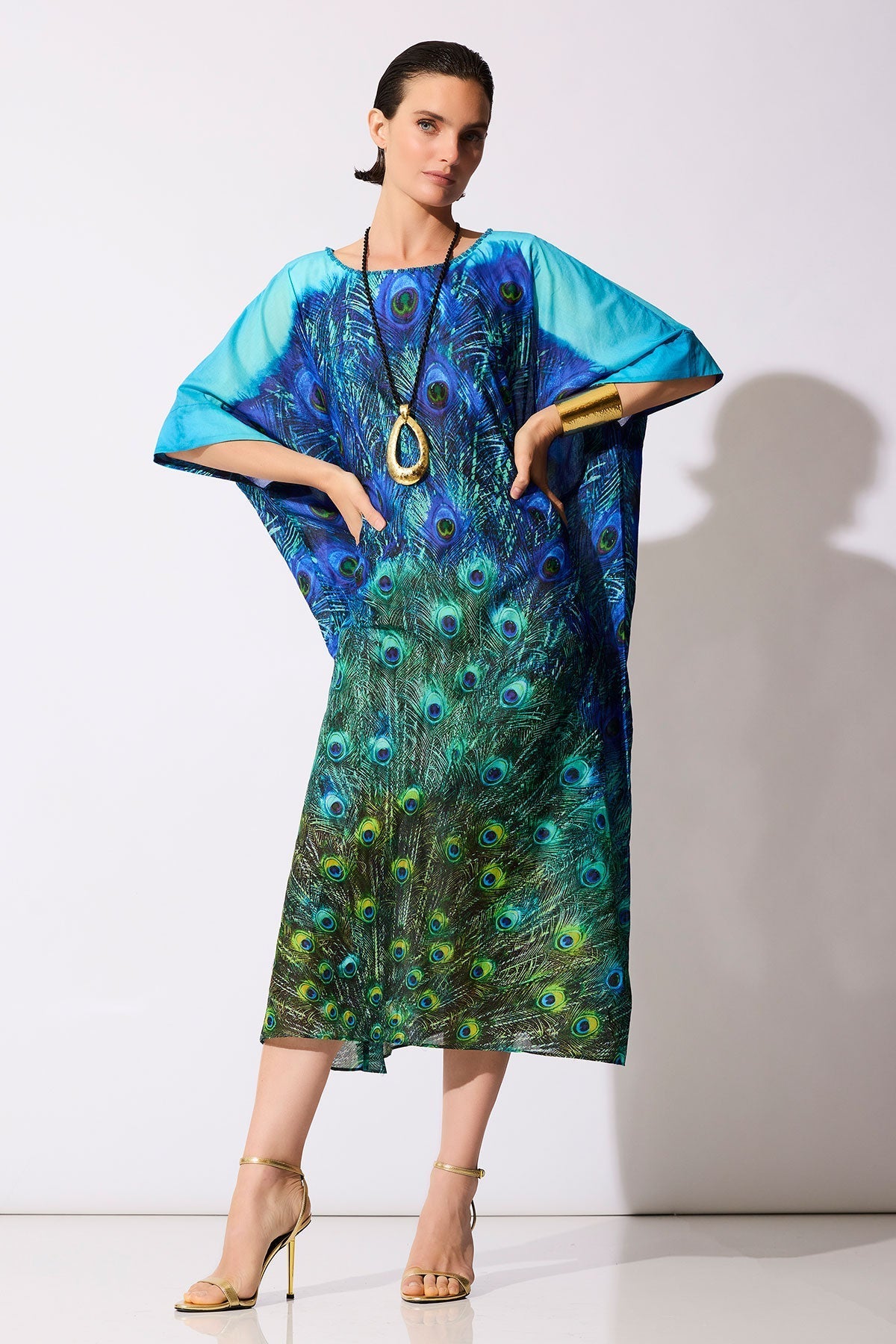 Peacock Cotton Voile Beaded Caftan Teal Natori