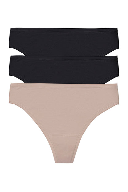 Bliss Bare Cotton Thong 3-Pack Black/Black/Café Natori