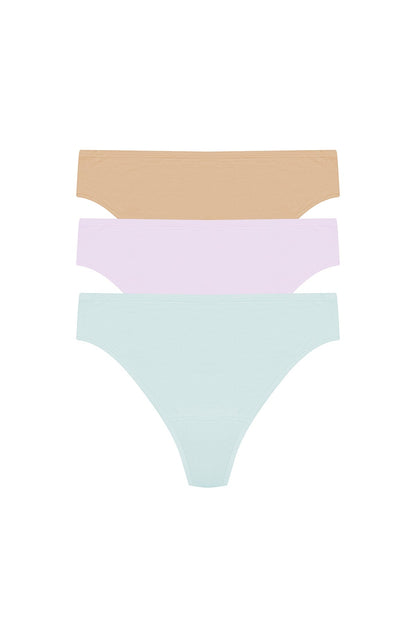 Bliss Bare Cotton Thong 3-Pack Cloud Green/Pale Purple/Café Natori