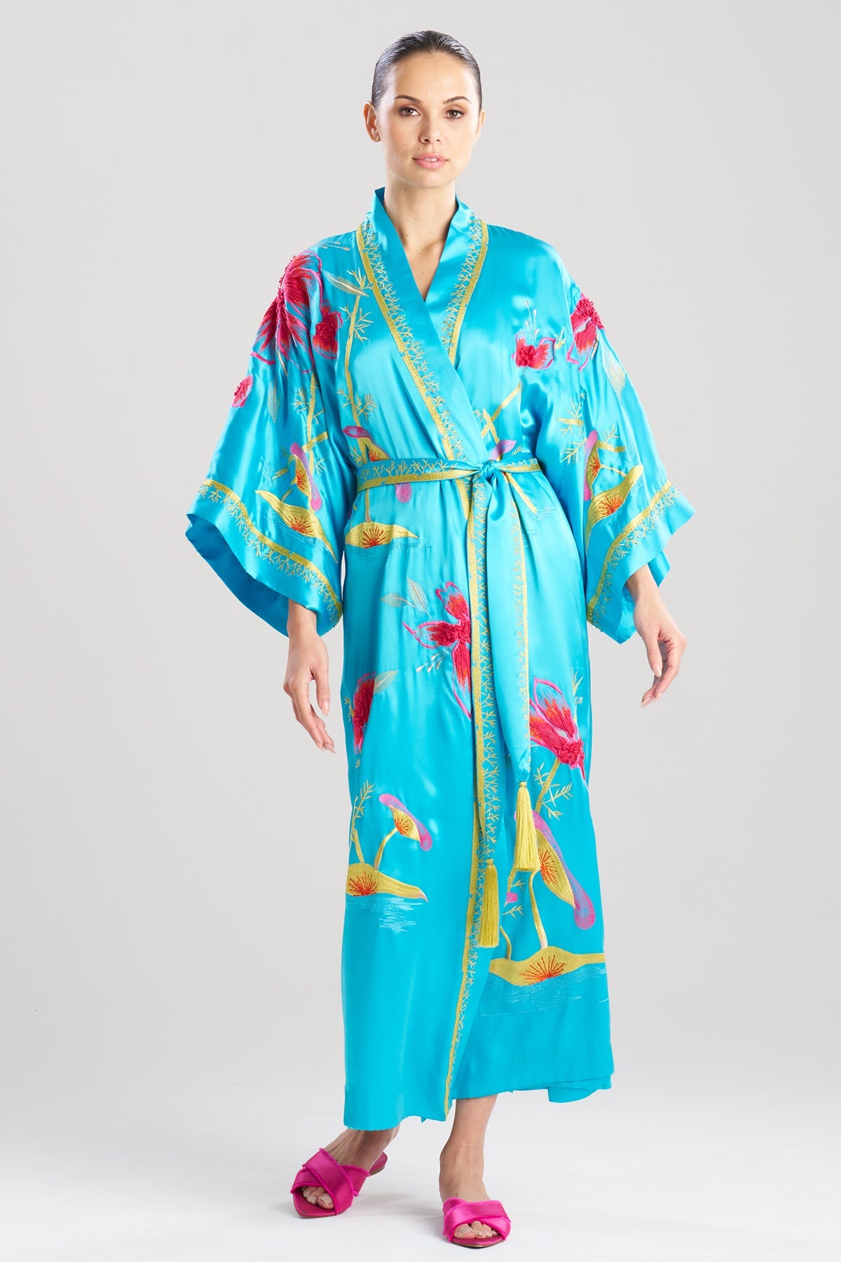 Couture Bali Embroidered Silk Robe Azure Natori