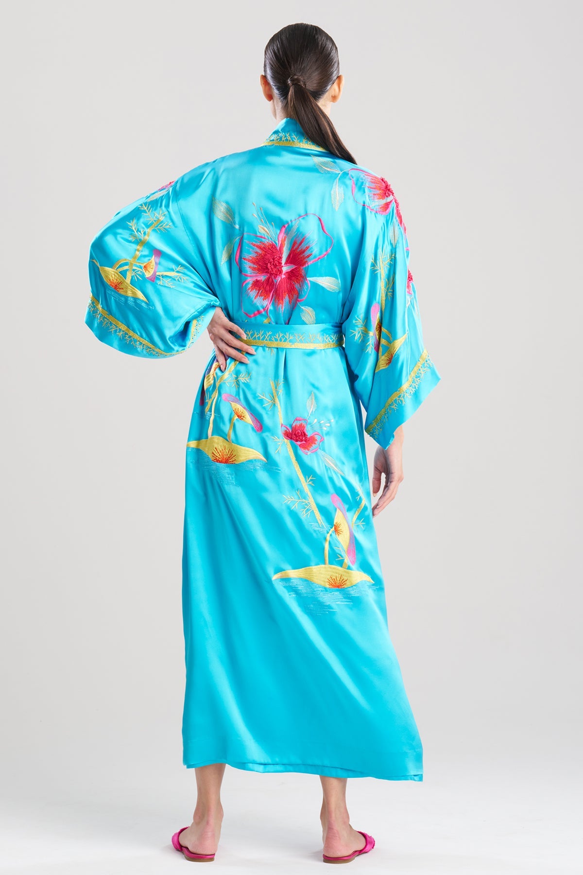 Couture Bali Embroidered Silk Robe Azure Natori