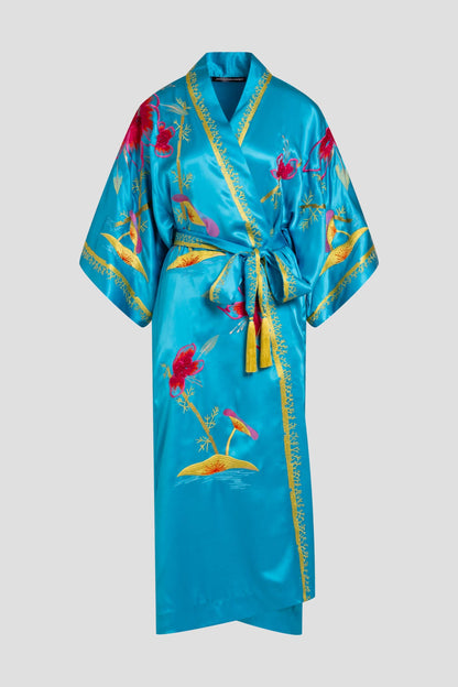 Couture Bali Embroidered Silk Robe Azure Natori