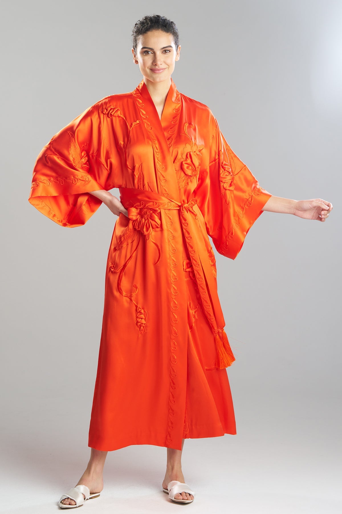 Couture Mokuren Embroidered Silk Robe Blood Orange Natori