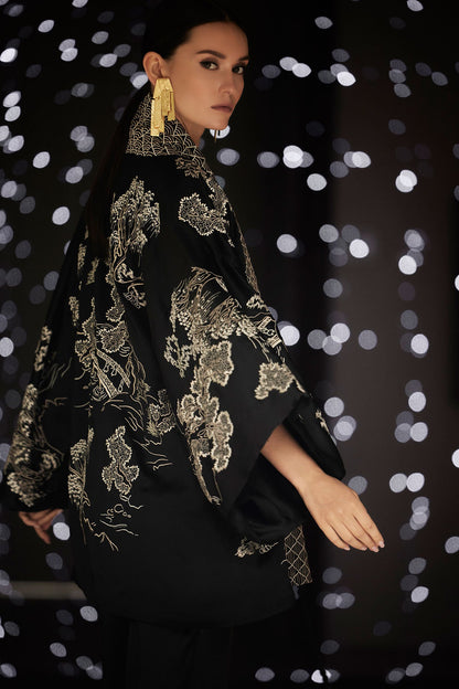 Couture Nara Embroidered Silk Kimono Wrap Black/White Natori
