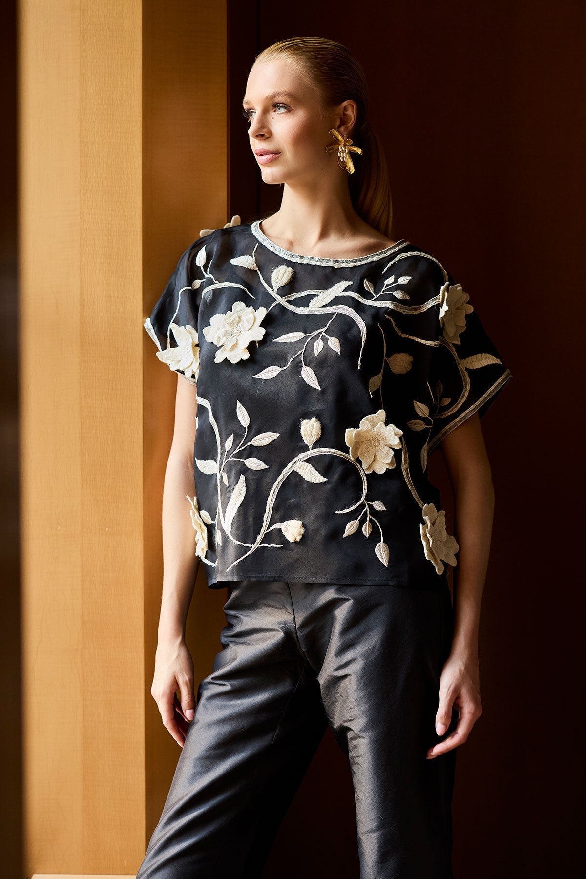 Couture Silk Organza Embellished Top Black Natori