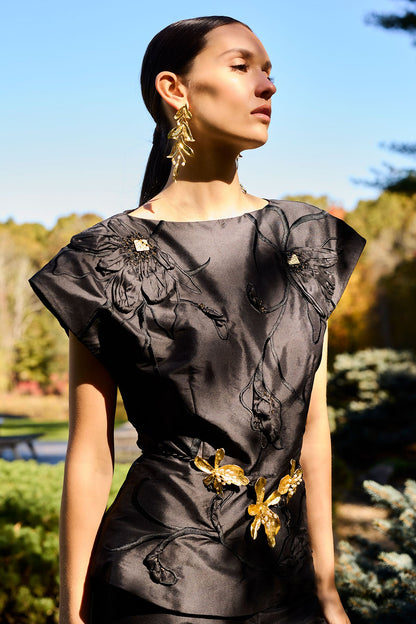 Couture Silk Dupioni Embellished Top Black Natori