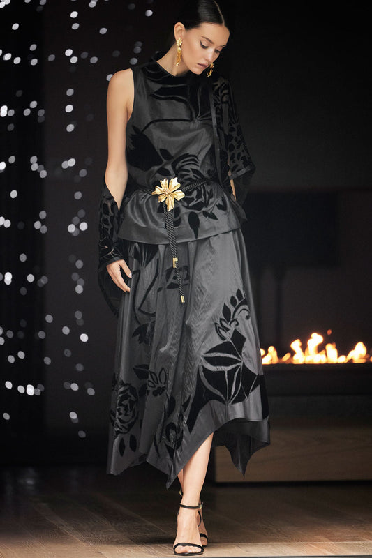 Couture Silk Dupioni Embroidered Skirt Black Natori