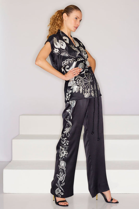 Couture Nouveau Embroidered Silk Pants Black Natori