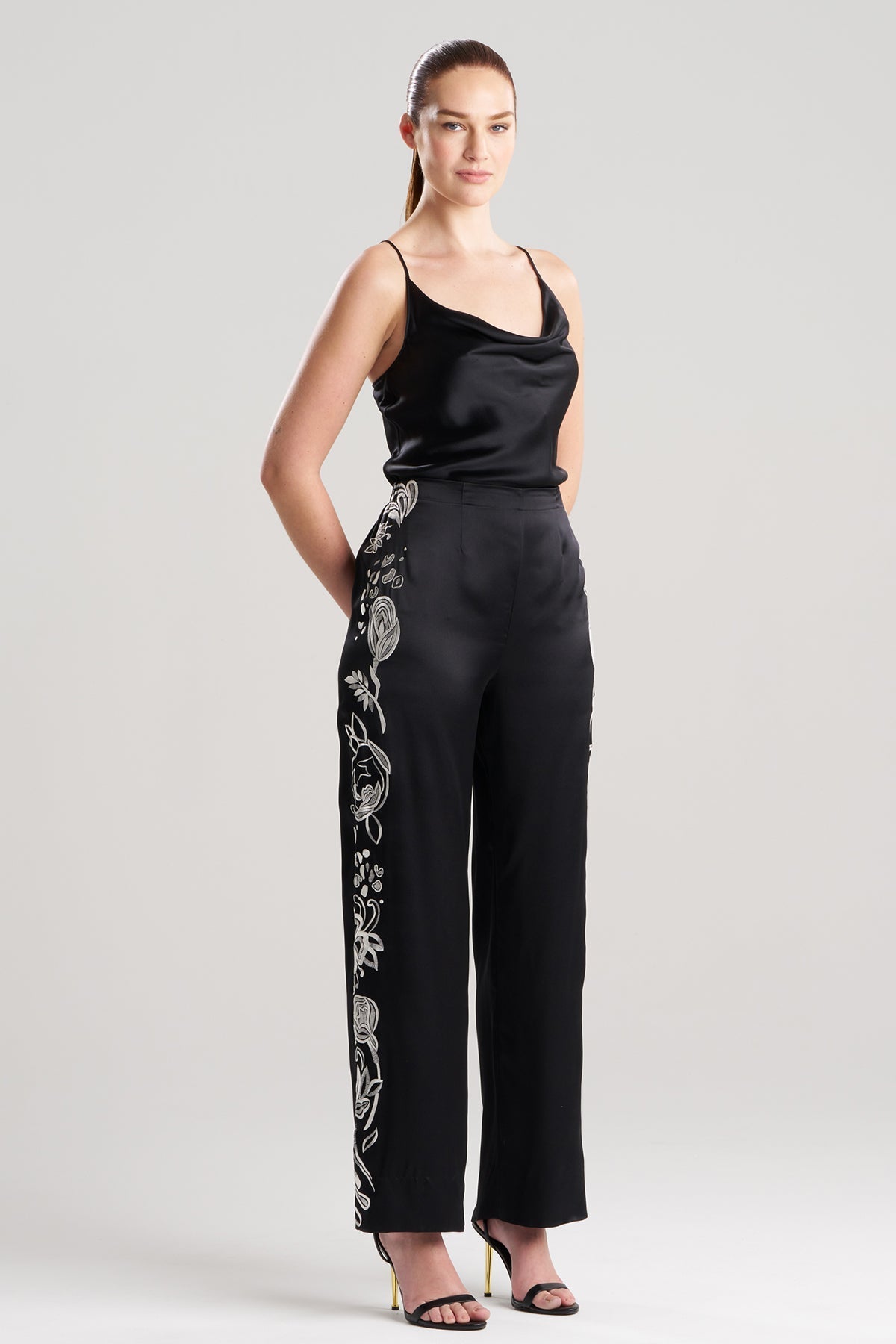 Couture Nouveau Embroidered Silk Pants Black Natori