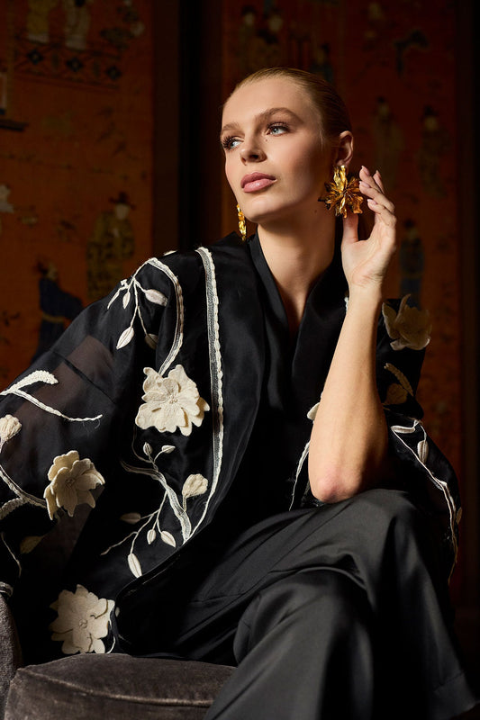 Couture Silk Organza Embellished Jacket Black Natori