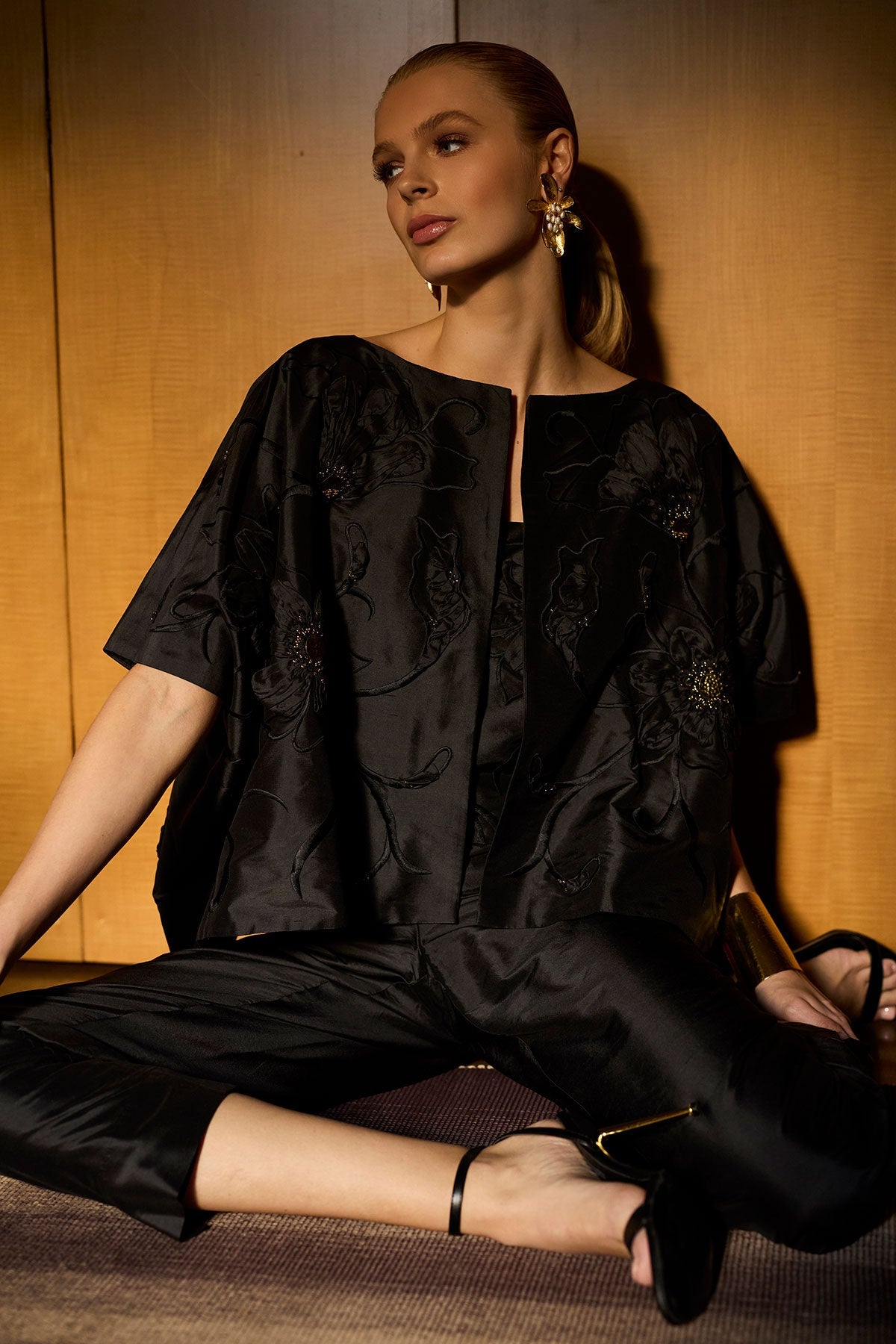 Couture Silk Dupioni Embellished Short Jacket Black Natori