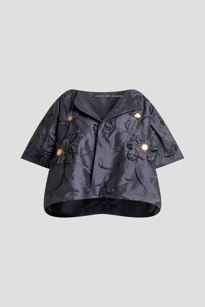 Couture Silk Dupioni Embellished Short Jacket Black Natori