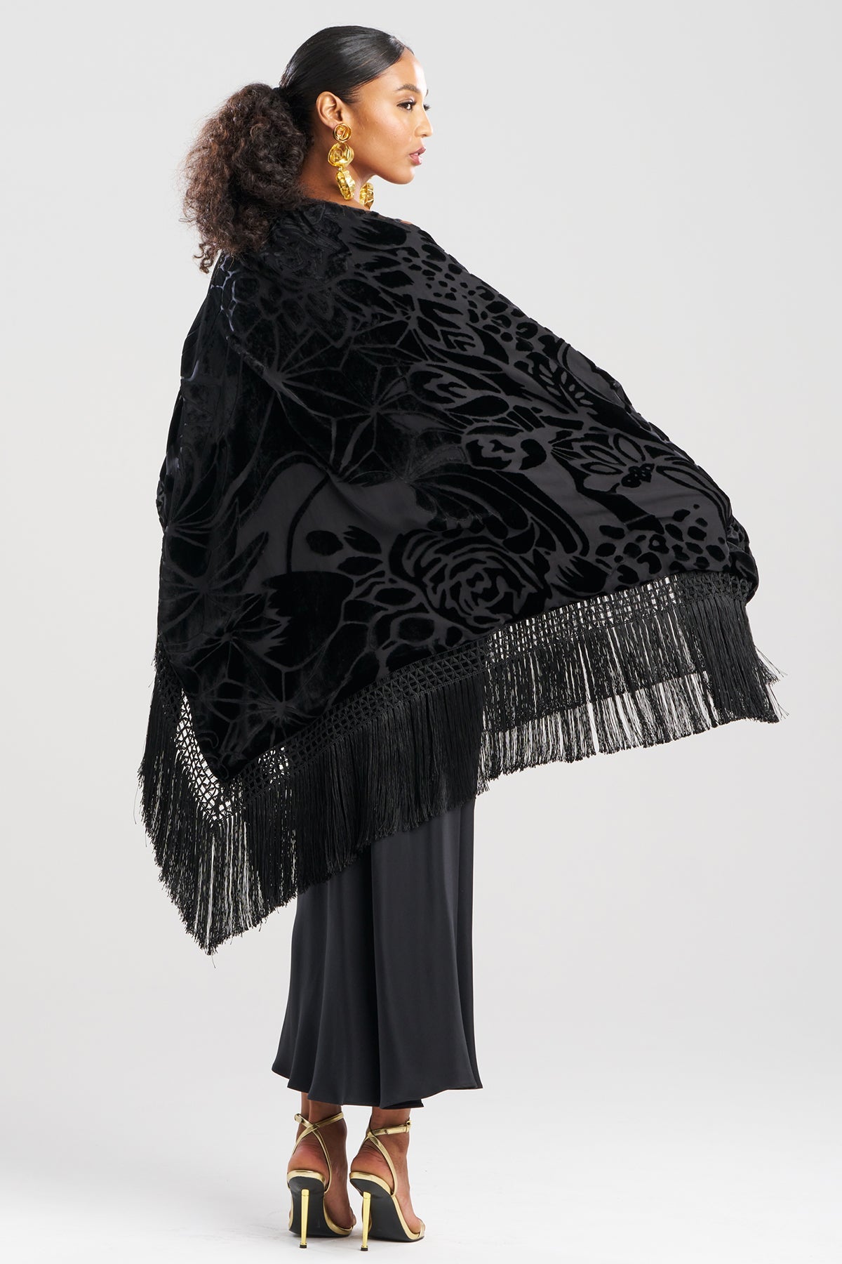 Couture Burnout Velvet Fringe Shawl Black Natori