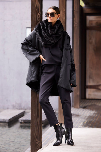 Couture Duchess Satin Embroidered Fur Coat Black Natori