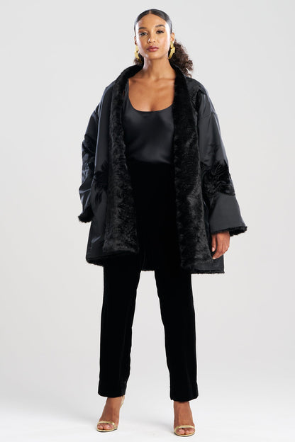 Couture Duchess Satin Embroidered Fur Coat Black Natori