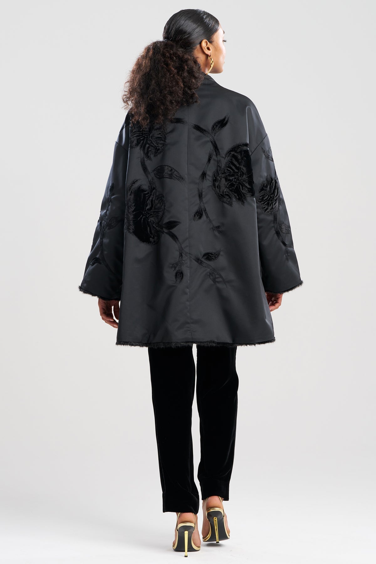 Couture Duchess Satin Embroidered Fur Coat Black Natori