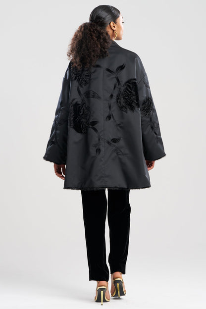 Couture Duchess Satin Embroidered Fur Coat Black Natori