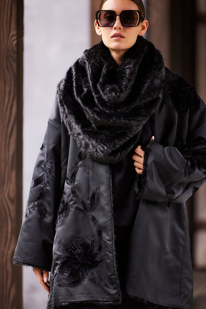 Couture Duchess Satin Embroidered Fur Coat Black Natori