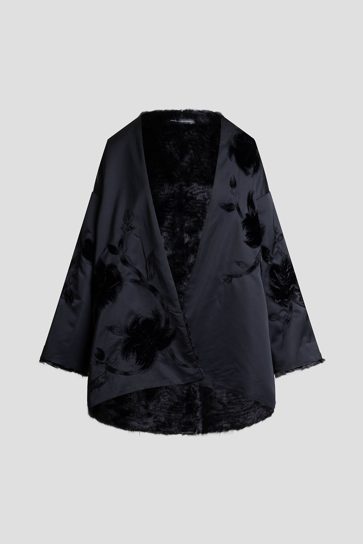 Couture Duchess Satin Embroidered Fur Coat Black Natori