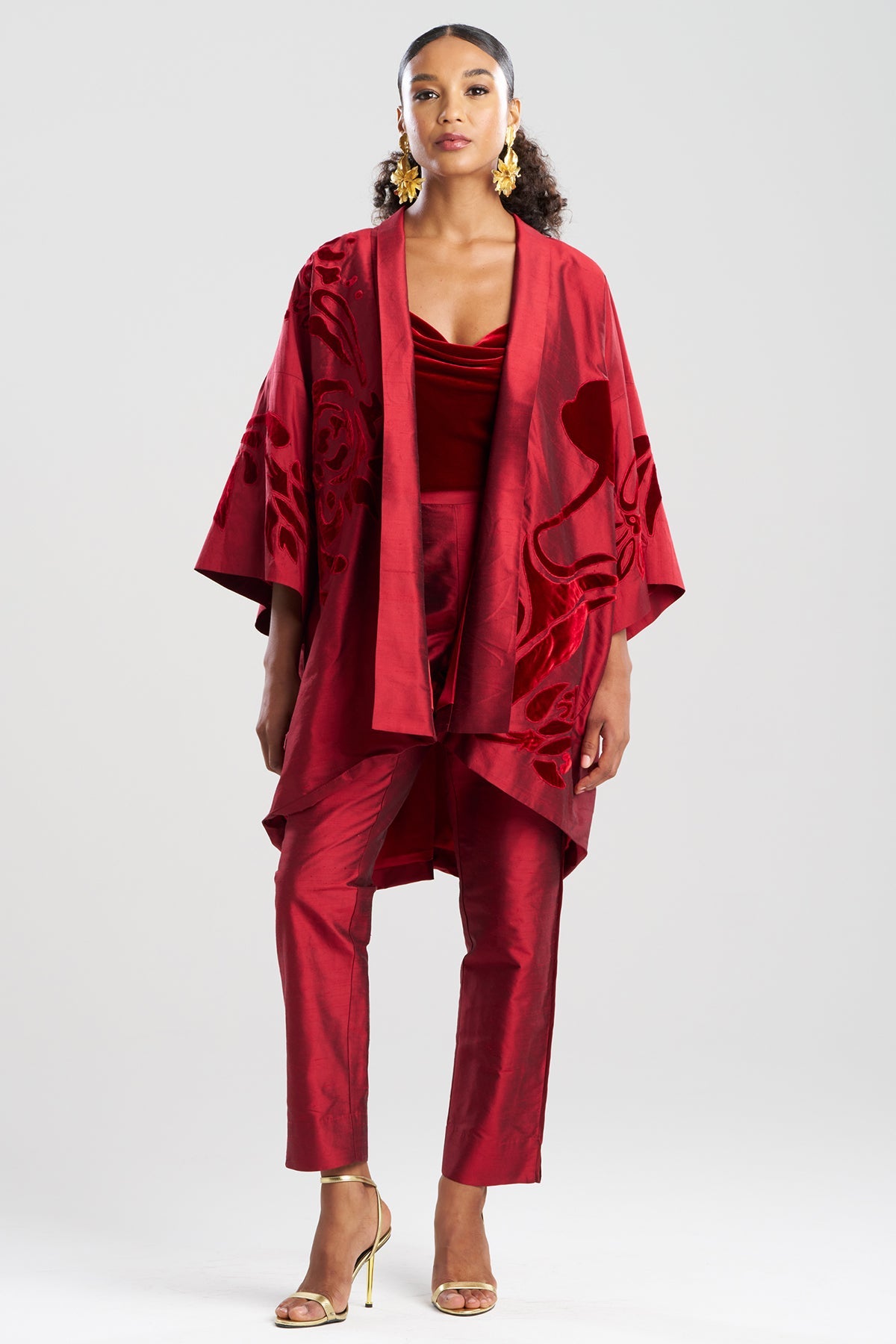 Couture Silk Dupioni Embroidered Coat Red Garnet Natori