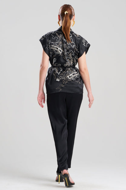Couture Nara Embroidered Silk Vest Black/White Natori