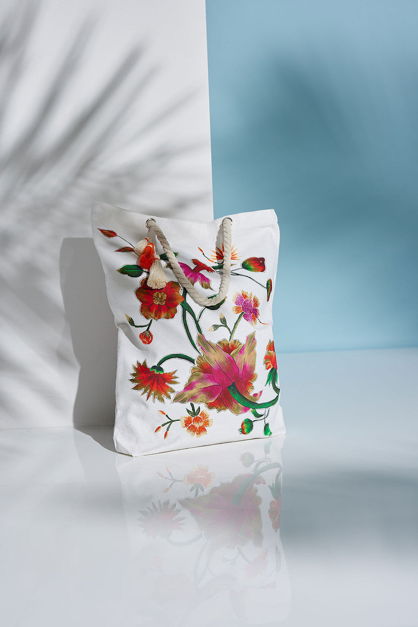 Buy Chikayo Embroidered Canvas Tote Bag in White Multi Online White Multi Natori