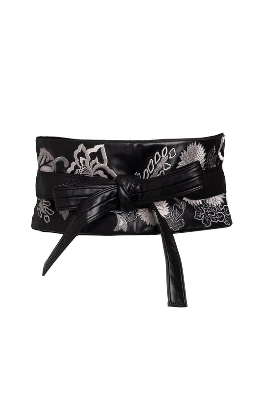 Buy Vegan Luxe Lambskin Embroidered Obi Belt in Black Online Black Natori