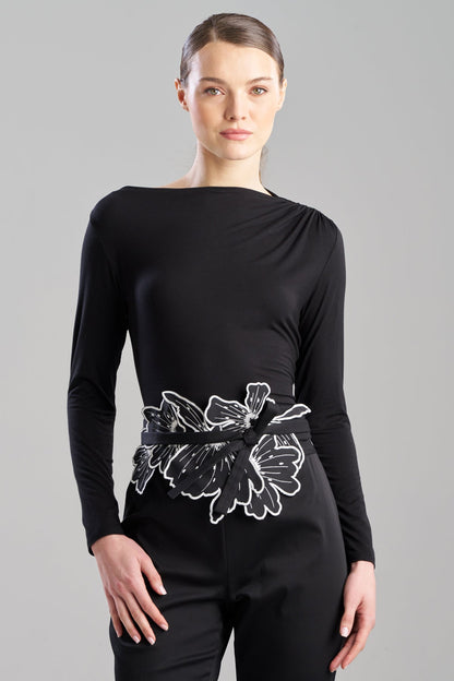 Cotton Chino Embroidered Floral Obi Belt Black Natori