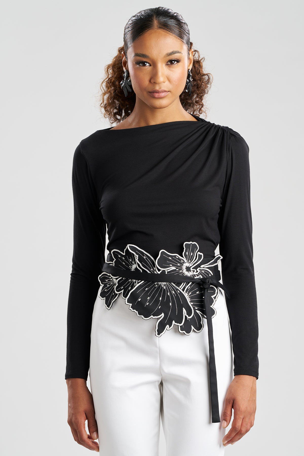 Cotton Chino Embroidered Floral Obi Belt Black Natori