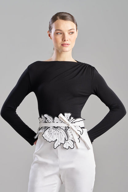 Cotton Chino Embroidered Floral Obi Belt White Natori