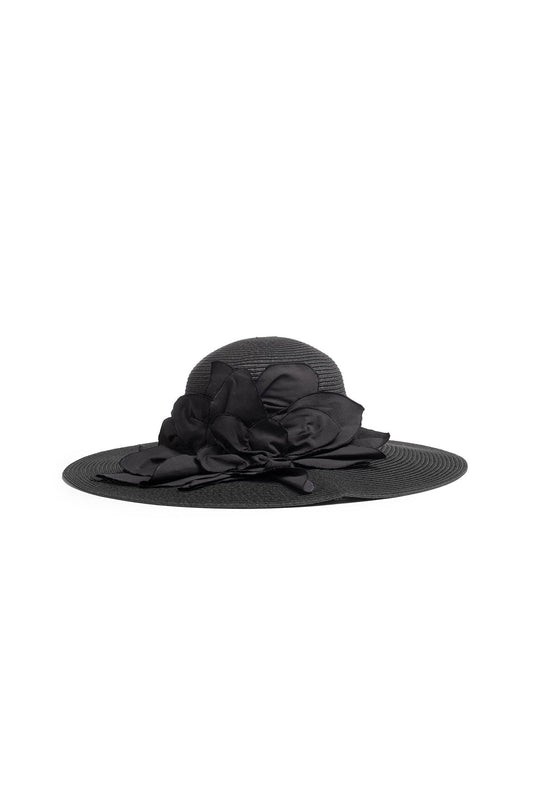 Techno Poplin Cut-Out 3D Applique Straw Hat Black Natori