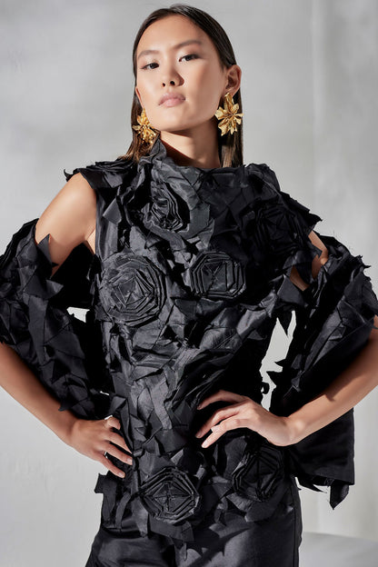 Couture Silk Dupioni Embellished Shawl Black Natori