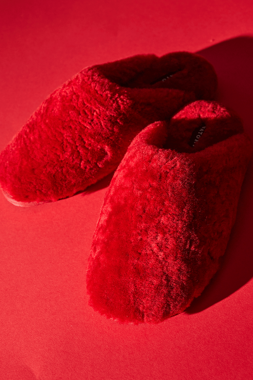 Buy Bliss Genuine Shearling Slide in Brocade Red Online Brocade Red Natori