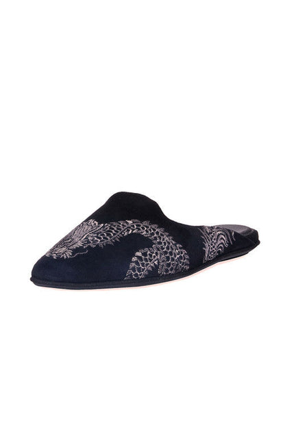 Buy Image Suede Dragon Embroidery Slide in Black Suede Online Black Suede Natori