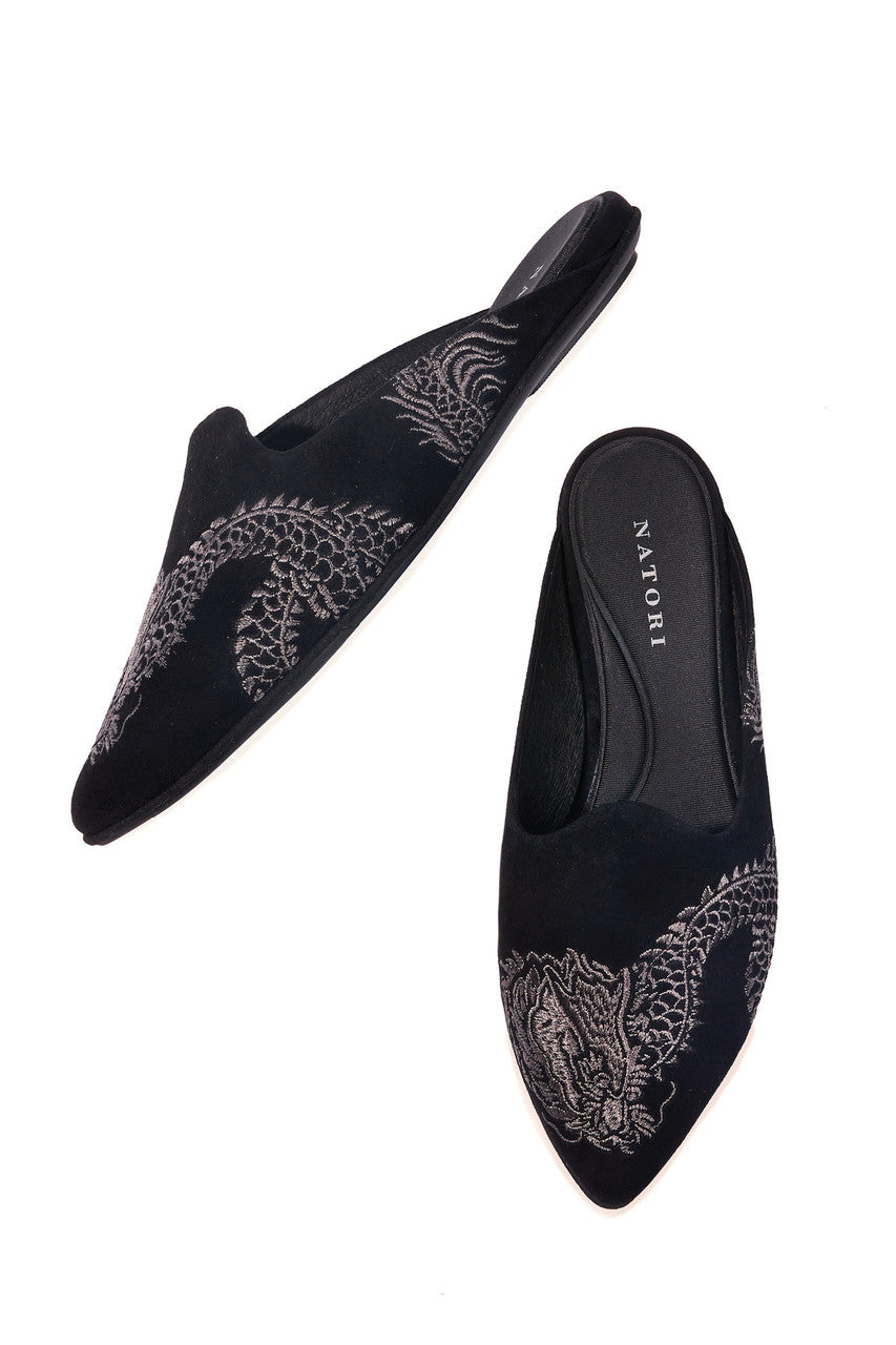 Buy Image Suede Dragon Embroidery Slide in Black Suede Online Black Suede Natori