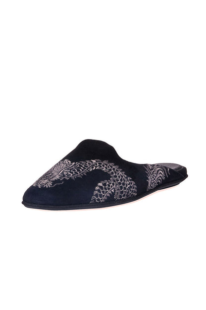 Buy Image Suede Dragon Embroidery Slide in Black Suede Online Black Suede Natori