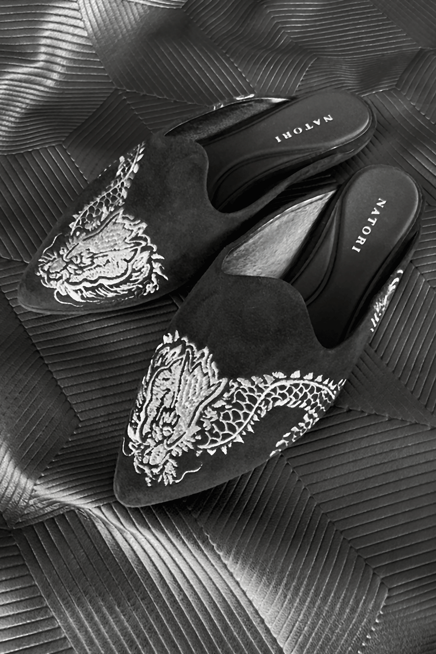 Buy Image Suede Dragon Embroidery Slide in Black Suede Online Black Suede Natori