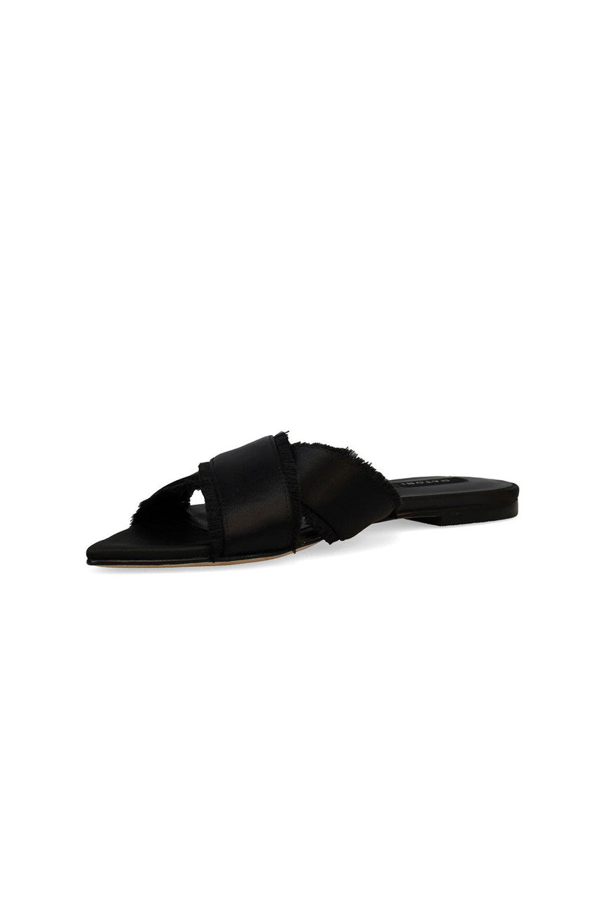 Buy Wayu Satin Fringe Cross Slide Sandals in Black Online Black Natori