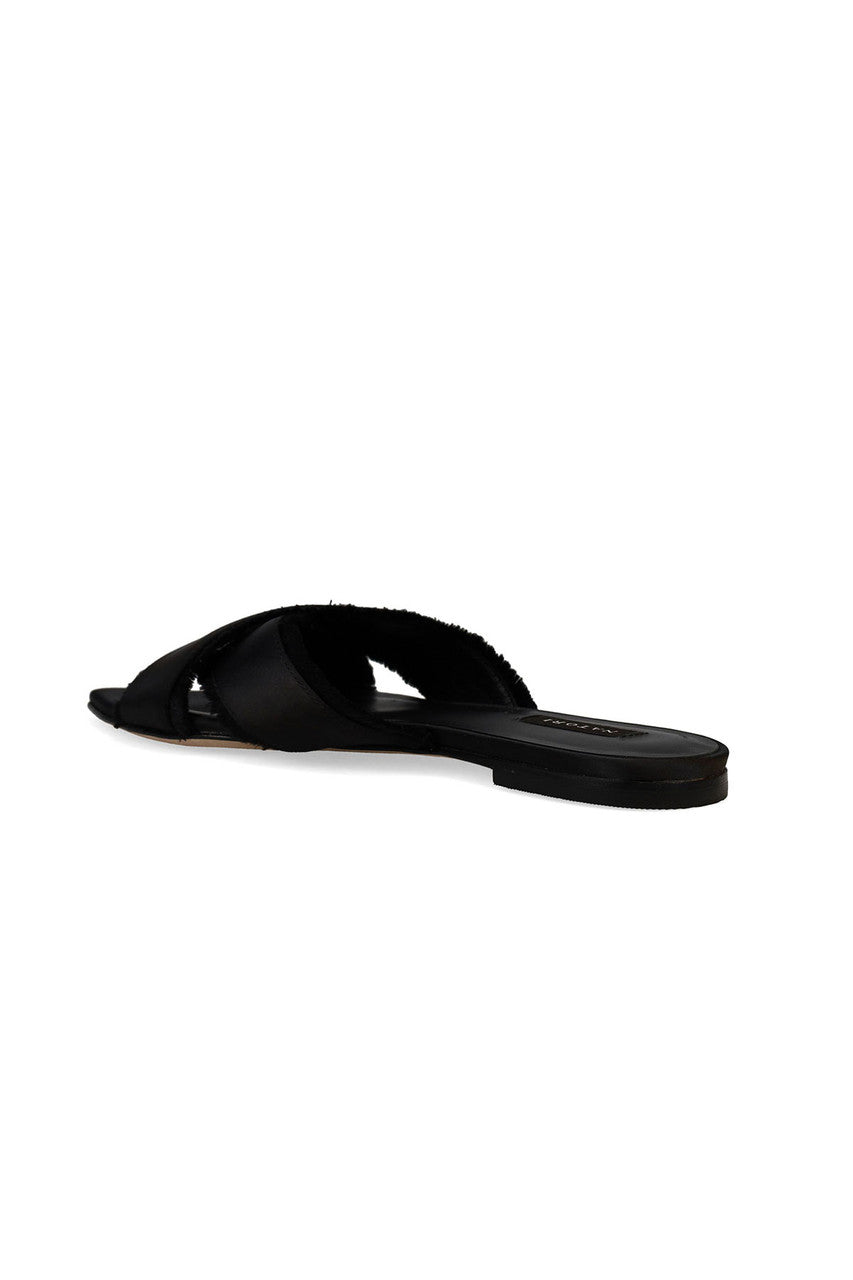 Buy Wayu Satin Fringe Cross Slide Sandals in Black Online Black Natori