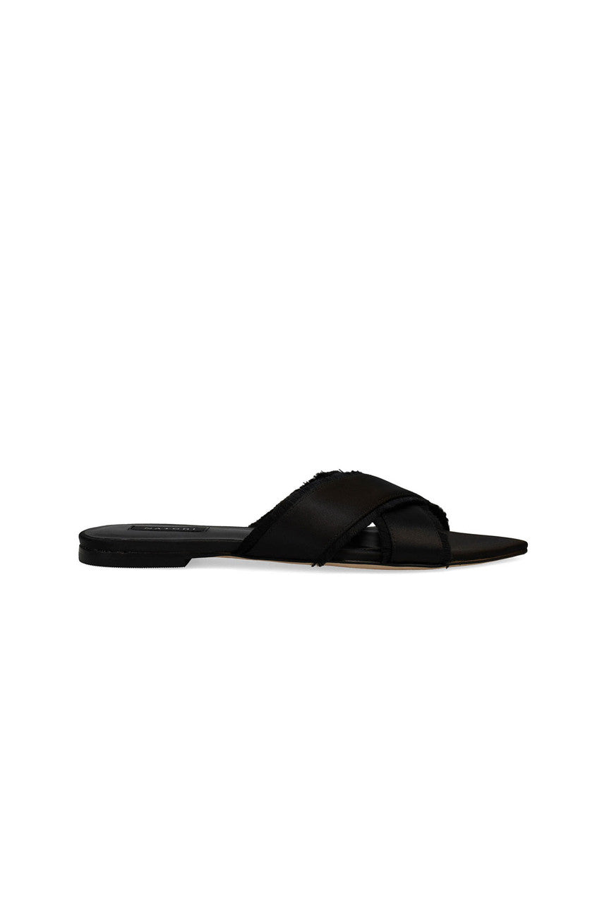 Buy Wayu Satin Fringe Cross Slide Sandals in Black Online Black Natori